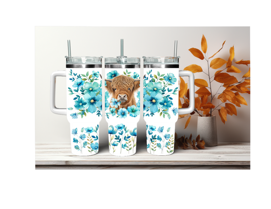 Highland Cow Blue Flowers